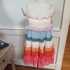 Hazel & Olive Rainbow Tiered Ruffle Mini Dress Multi Color Tassel Tie Straps S